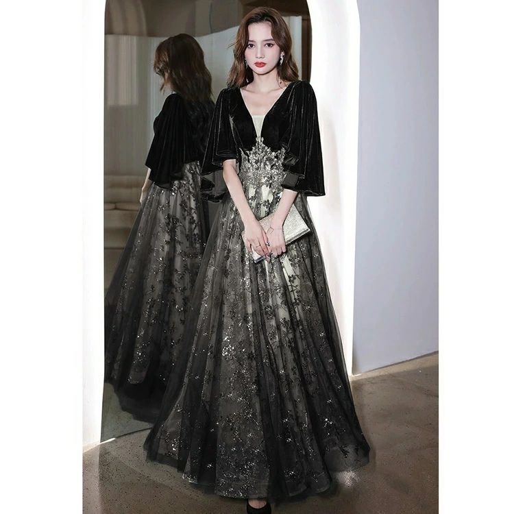イブニングドレス S キレイめ パーティードレス XS ブラック ベルベット 結婚式ドレス 二次会ドレス Aライン キラキラドレス 発表会ドレス XXL M 黒 XXXL ロング L ロングドレス グリーン XL スパンコール ベロア
