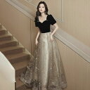 結婚式ドレス 可愛い 発表会ドレス XL S ベロア イブニングドレス パール 二次会ドレス パフスリーブ XXXL M パーティードレス オシャレ 黒 星柄 Vネック ベルベット XS ブラック ロングドレス L お呼ばれドレス XXL