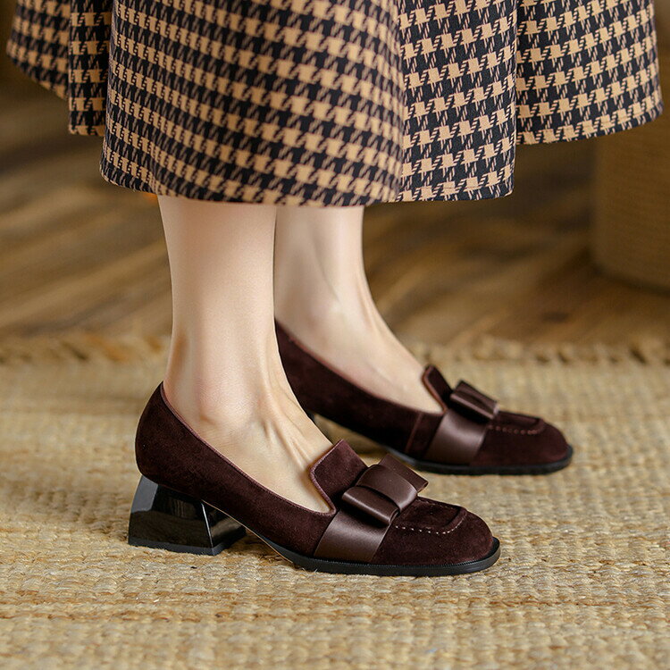 ブラック ハイヒール きれいめ ヨーロッパ寸法 レザー 茶色 リボン ローファー ファッション レディース 太ヒール レトロ シューズ おしゃれ