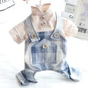 犬服 春夏 薄手 立ち襟 チェック サスペンダー パンツ 英国風 四足服 シャツ 柴犬 小型犬 超かわいい
