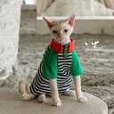 DreamPet 赤と緑 ポロシャツ デボンレックス 無毛猫 猫服 ストライプ 配色 スウェット