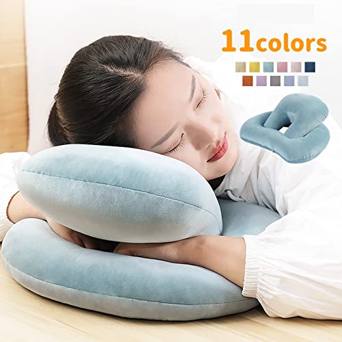 腕枕 ネックピロー クッション 枕 ピロー 腰当て 穴あき ホールクッション お昼寝 うつ伏せ寝 仮眠用 休憩 洗える 洗 34×43×17cm ライトブルー