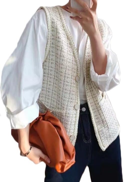 ツイード 前開き Vネック レディース ノースリーブ 秋冬 羽織り ジレ ミドル丈 カジュアル レイヤード ジャケット 重ね着 アウター かわいい おしゃれ 袖なし 冬 春 秋 オフィス