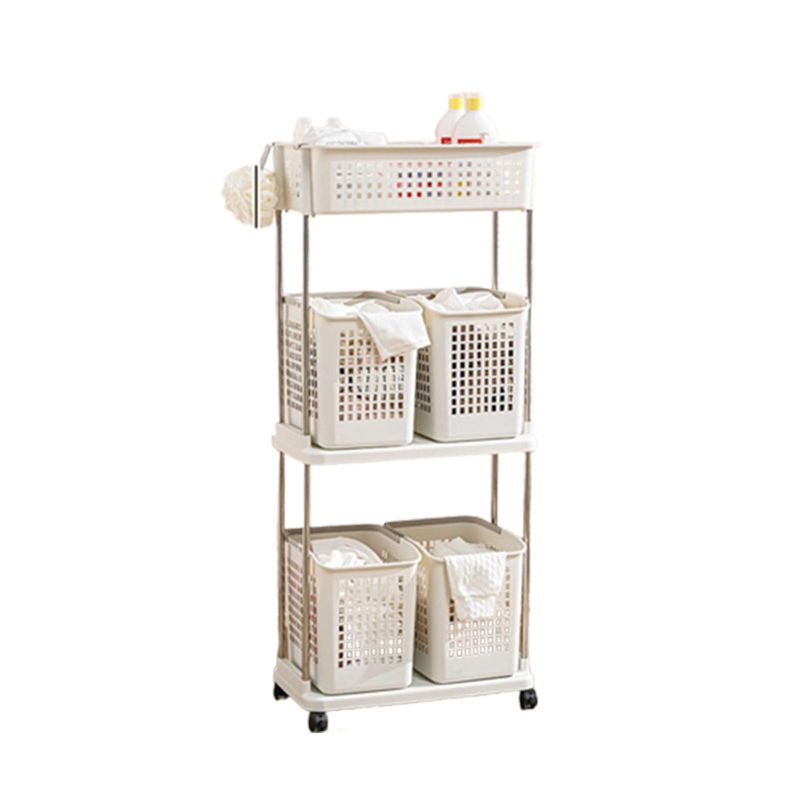 ランドリーバスケット キッチンワゴン 脱衣カゴ 洗濯かご 洗濯物入れ 大容量 天板 スリム トイレ収納 持ち手 キャスター付き カゴ 洗濯物入れ 風呂 スリム 隙間収納 取り外し可能 (3段5カゴ)