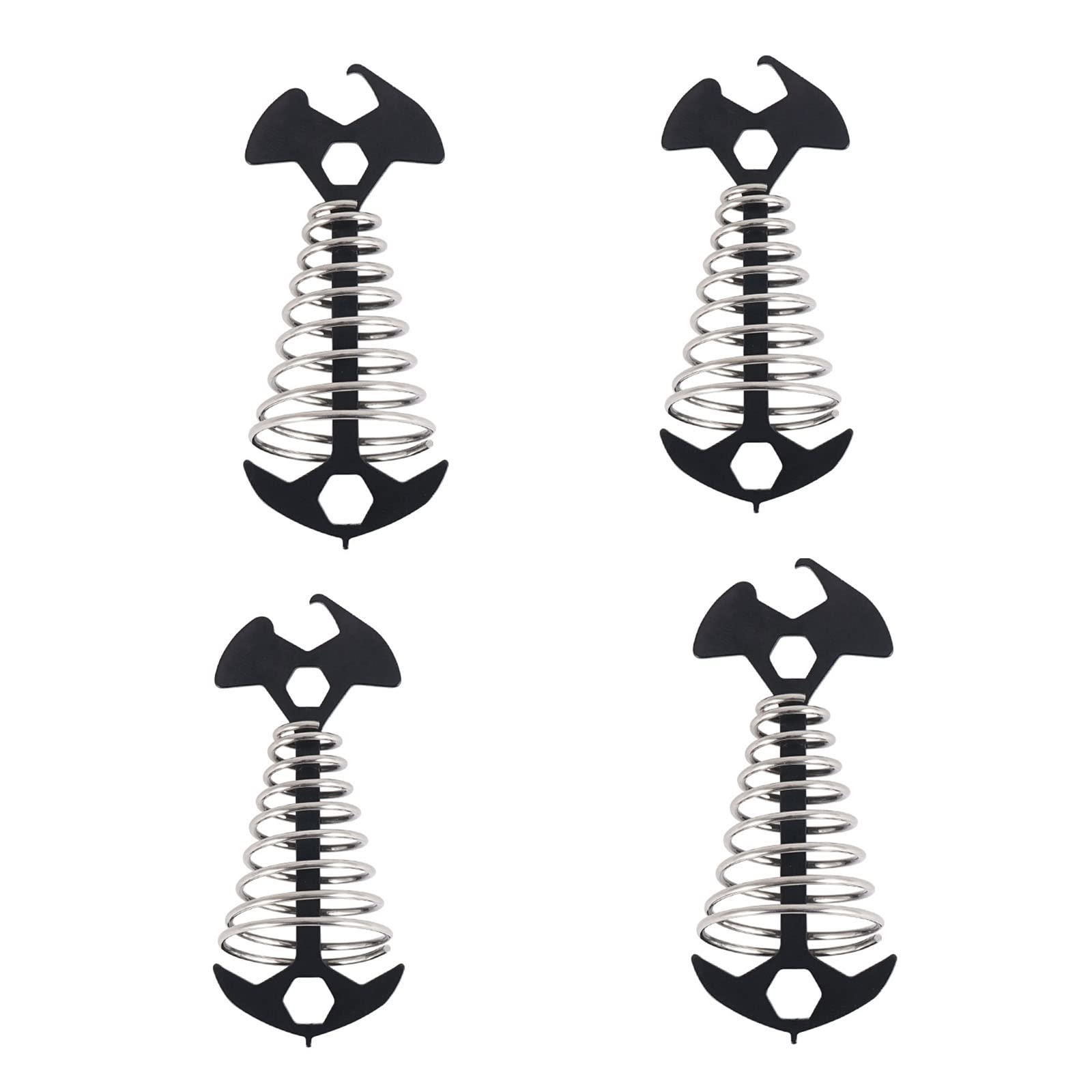 自在金具ぺぐ4個入 キャンプ テント ウッドデッキ用ペグ フック 魚骨型 しっかりステンレス材質 バネ付..