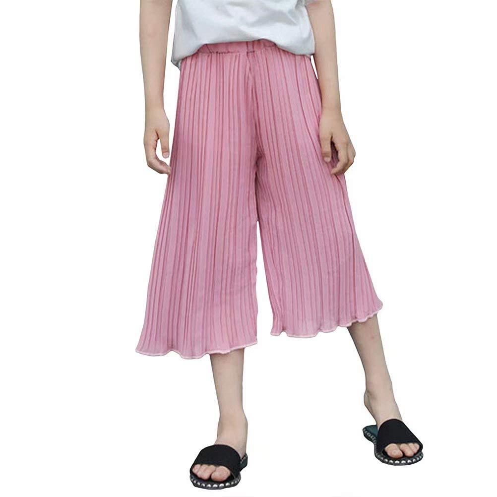 子供服 女の子 ワイドパンツ 夏 ガウチョパンツ プリーツ 7分丈 シフォン スカーチョ ウェストゴム ロングパンツ ふんわり イージーパンツ ゆったり 無地 薄手 カジュアル