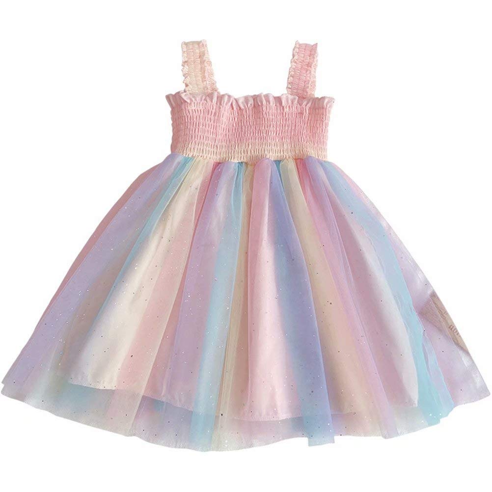 子供 ワンピース チュチュスカート チュール 吊りスカート ベビー 虹柄 レインボー レース 可愛い キッ..