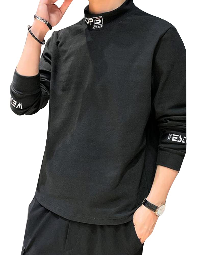 メンズ Tシャツ カットソー ティーシャツ ハイネック セーター 丸首 長袖 厚手 ゆったり 無地 シンプル..