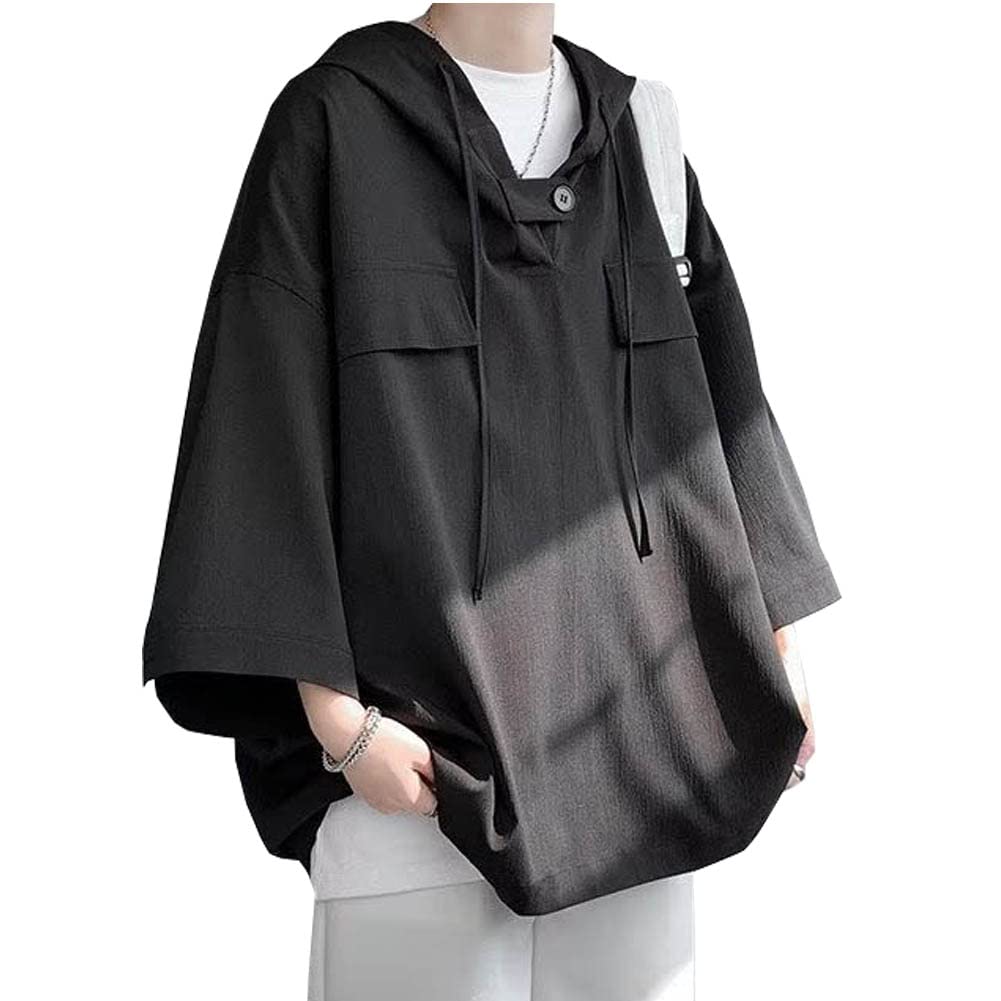 メンズ 五分袖 春夏 無地 薄手プルオーバー おしゃれ フード付き ゆったり 大きいサイズ