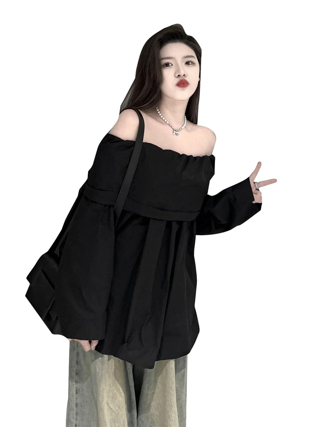 ブラウス ボートネック レディース 長袖Tシャツ カットソー オフショルダー 肩出し ゆったり 大きいサ..