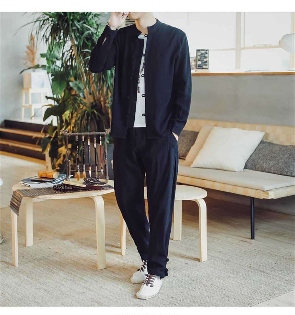 長袖 シャツ メンズ ゆったり チャイナボタン シャツ シンプル 綿 麻 シャツ 通気性 カジュアル 漢服 中華風 メンズシャツ 大きいサイズ 秋