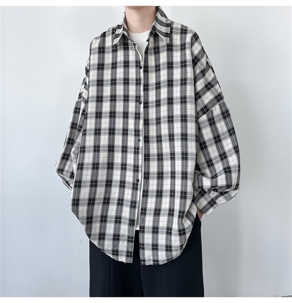 チェック柄 開襟シャツ メンズシャツ 長袖 ゆったり ワイシャツ ストリート系 カジュアルシャツ 春 秋 上着 学生 スタイリッシュ 原宿系