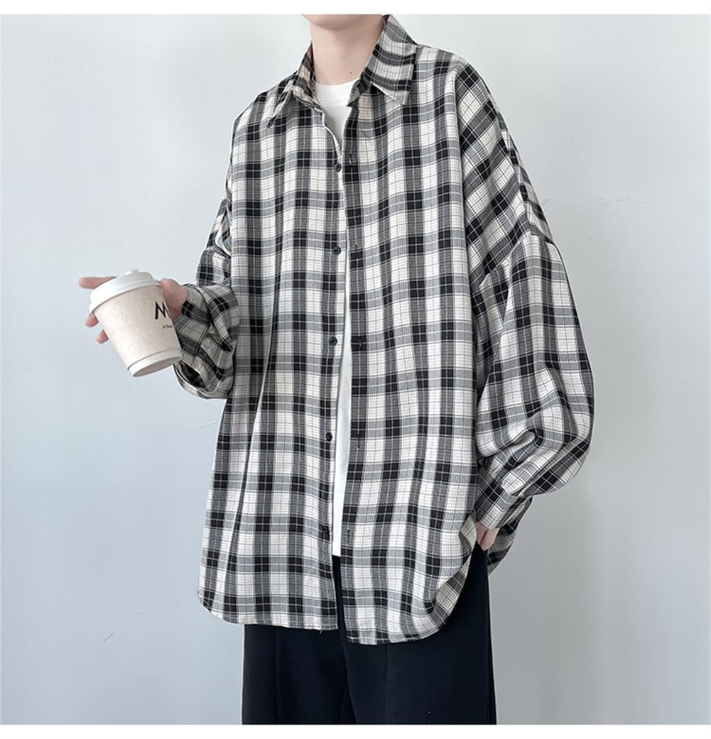 チェック柄 開襟シャツ メンズシャツ 長袖 ゆったり ワイシャツ ストリート系 カジュアルシャツ 春 秋 上着 学生 スタイリッシュ 原宿系