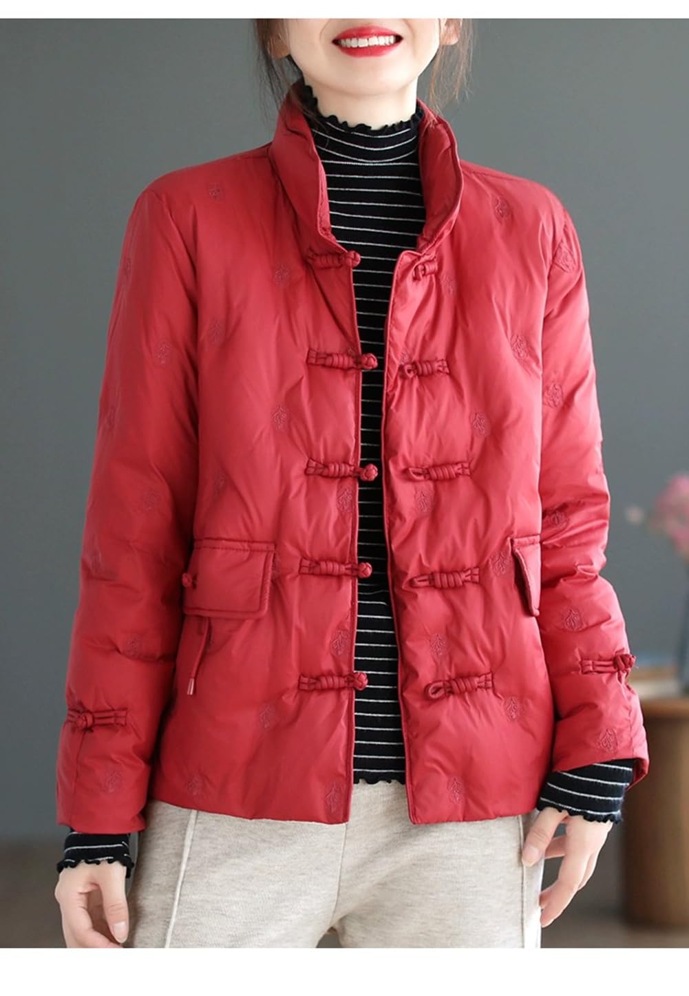 ダウンジャケット レディース ショート丈 チャイナボタン付き 無地 中綿ジャケット 防寒 あたたかい ファッション 中華風 立ち襟 冬服