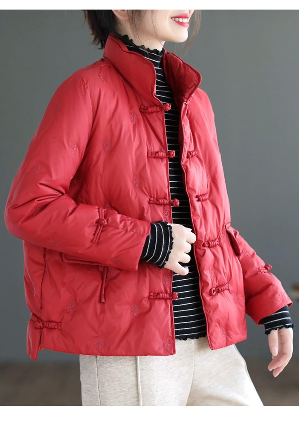 ダウンジャケット レディース ショート丈 チャイナボタン付き 無地 中綿ジャケット 防寒 あたたかい ファッション 中華風 立ち襟 冬服