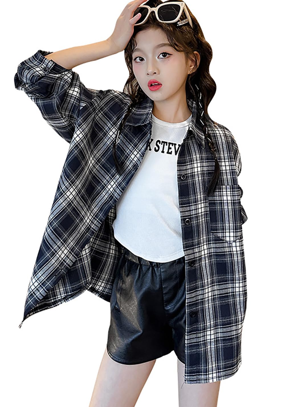 女の子 長袖 シャツ ジュニア シャツ 上着 チェック柄 日常着 シンプル 可愛い カジュアル 120-170