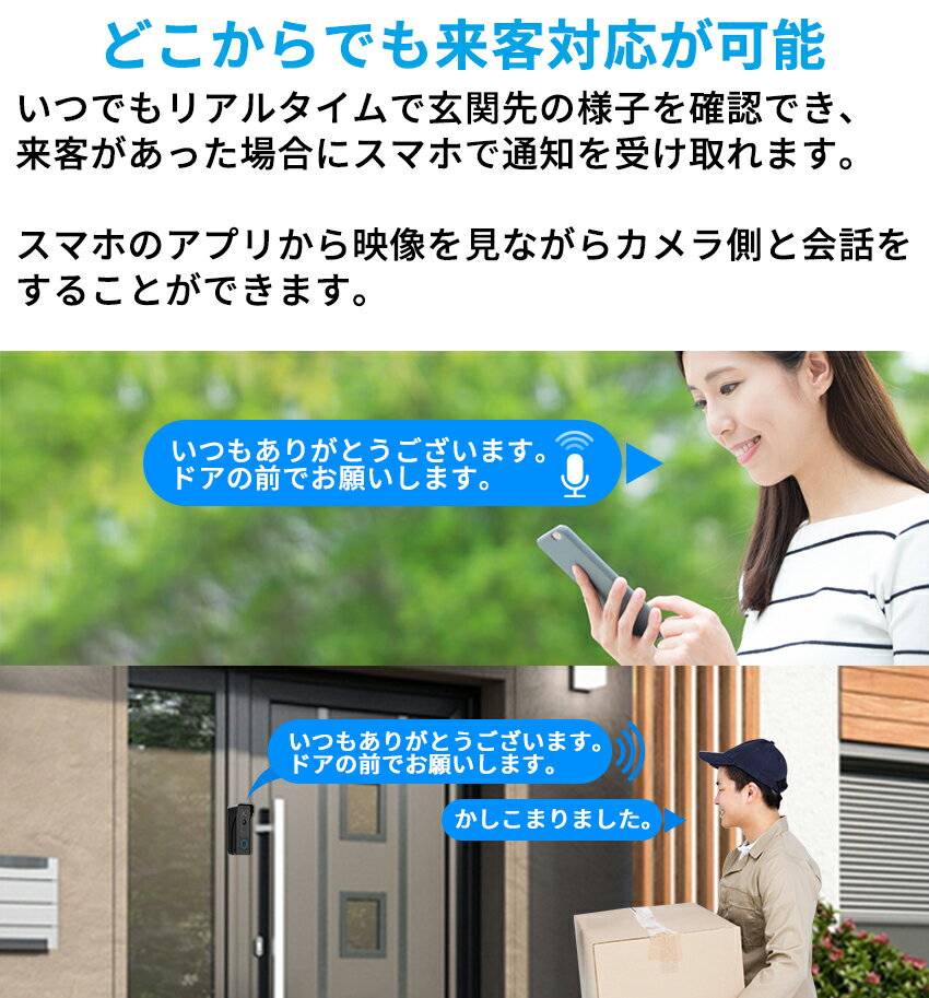 インターホン ワイヤレス 工事不要 防水 通話 玄関 防犯カメラ 防犯 カメラ 付き インターフォン カメラ付き 取り付け 簡単 簡易 室内 ドア 家庭用 電源不要 小型 小型カメラ 録画機能付き 遠距離 スマホ 録画 動体検知 wifi 呼び出しチャイム