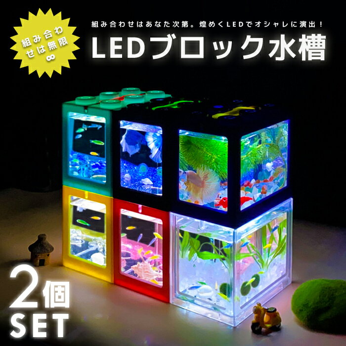 楽天タカラBOX　JAPAN　楽天市場店【送料無料】 2台セット LEDライト付きブロック水槽セット 小型水槽 アクアリウム スタッキング水槽 アクアテラリウム 自由研究 夏休み LED照明 金魚鉢 卓上 AQUARIUM すいそう おしゃれ かわいい オブジェ ガラス 円柱 丸形 金魚 メダカ 熱帯魚 LED付き水槽