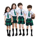 入学式スーツ 半袖　子供 セーラー服　チェックスカート キッズ 卒業式　3点セット/女子学生制服/上下セット フォーマル/スクールシャツ キッズ　ジュニア/中学校制服/女子校生ミニスカ/子どもダンス/演出服/夏　学生服 上下 男の子 女の子 夏/100cm-160cm 1