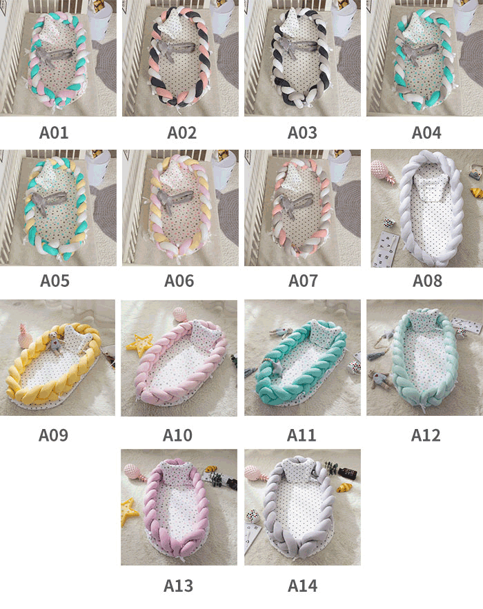 ベビーベッド ベッドインベッド 2点セット まくら 赤ちゃんベッド 14colours ベビーガード 取り外し可能 持ち運びに便利 出産祝い　寝返り防止クッション ノットクッション　編み 2