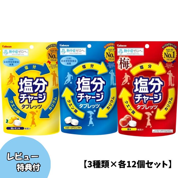 【3種類×各12個セット】塩分チャージタブレッツ【スポーツドリンク味×塩レモン味×梅味】計36個 カバヤ食品 熱中症対策 タブレット グッズ 真夏日 運動部 部活 塩分補給 クエン酸のサムネイル