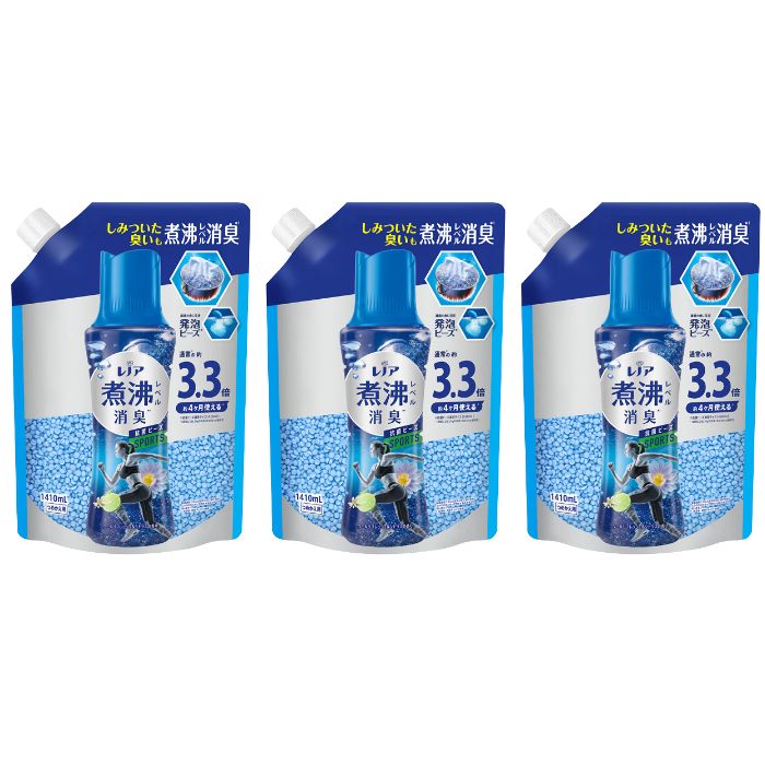 【3個セット】レノア煮沸レベル消臭抗菌ビーズ SPORTS クールリフレッシュ＆シトラスの香り 詰め替え 超特大1410ml 洗濯用 洗剤 衣類