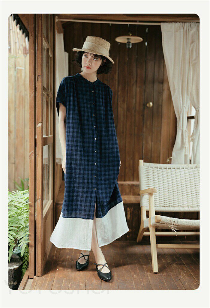 シャツワンピース 切り替え ワンピース レディース ロング ワンピース 綿麻調 チェック柄 半袖 春 夏 ロング丈 ゆったり 着痩せ 体型カバー シンプル おしゃれ きれいめ 可愛い オシャレ コットンリネン カジュアル 20代 30代 40代 50代 大きいサイズ 送料無料