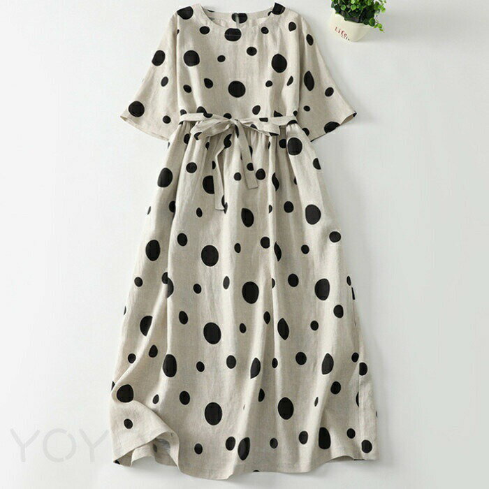 ワンピース レディース 半袖 綿麻調 ロング ワンピース ドット柄 水玉柄 春 夏 フレアワンピース クルーネック 大きいサイズ ミモレ丈 ゆったり ワンピ 柔...