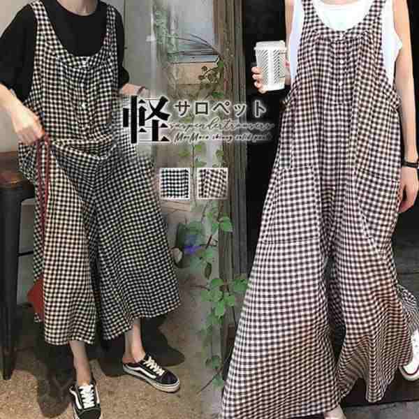 サロペット オールインワン レディース パンツ ワイドパンツ ガウチョ オーバーオール カジュアル 大きいサイズ 体型カバー チェック柄 送料無料