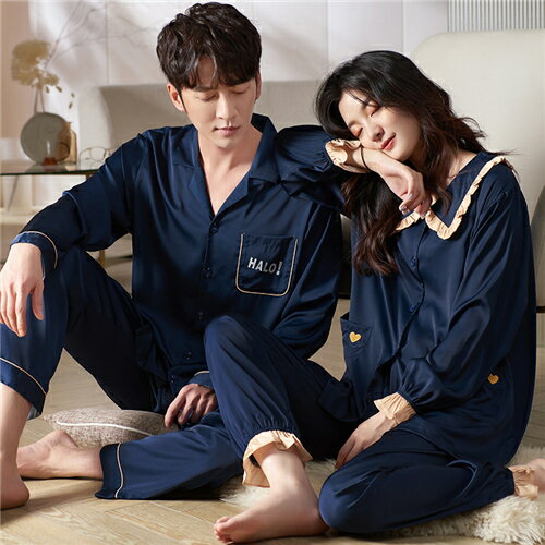 ペアパジャマ 合成 シルク パジャマ ペア おしゃれ 結婚祝い プレゼント ペアパジャマ サテン シルク パジャマ メンズ ペアルック パジャマ おそろい レディース ルームウェア 可愛い カップル ペア 長袖 寝巻き 上下セット パジャマ ペアルック 前開き 部屋着 紺