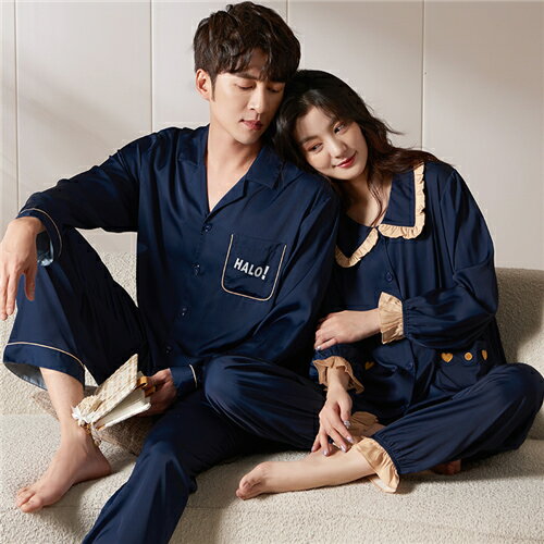 ペアパジャマ 合成 シルク パジャマ ペア おしゃれ 結婚祝い プレゼント ペアパジャマ サテン シルク パジャマ メンズ ペアルック パジャマ おそろい レディース ルームウェア 可愛い カップル ペア 長袖 寝巻き 上下セット パジャマ ペアルック 前開き 部屋着 紺