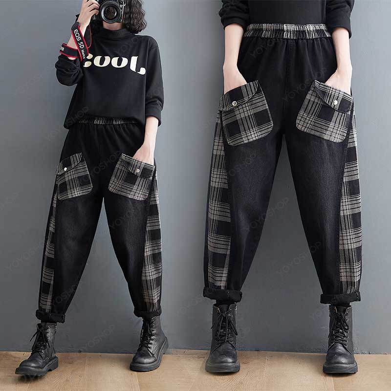 韓国ファッション チェック柄 ワイド風パンツ おしゃれボトムス デニムパンツ デニムパンツデニム特集パンツ