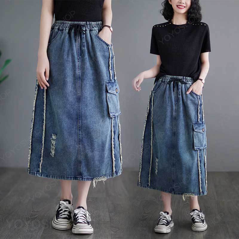 Rakuten - デニムスカート ジーンズ 春夏 スカート デニムスカート デニム特集 ダメージ加工 サイドポケット 大人カジュアル