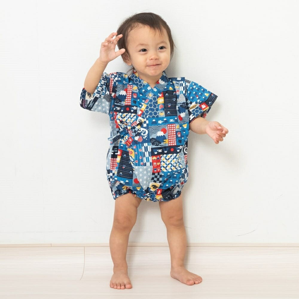 「7月10日限定先着で最大1000円OFFクーポン」日本製 富士山柄 甚平ロンパス ネイビー×70cm