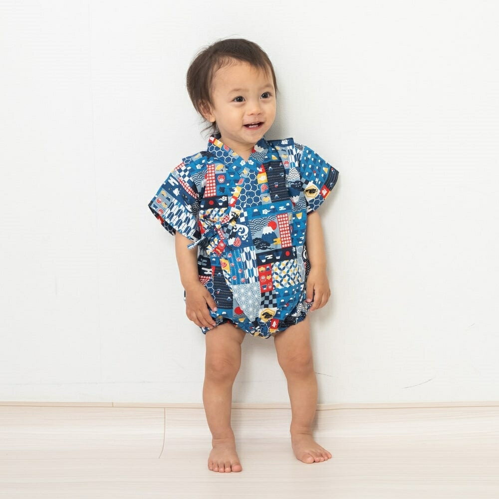 「7月10日限定先着で最大1000円OFFクーポン」日本製 富士山柄 甚平ロンパス ネイビー×70cm