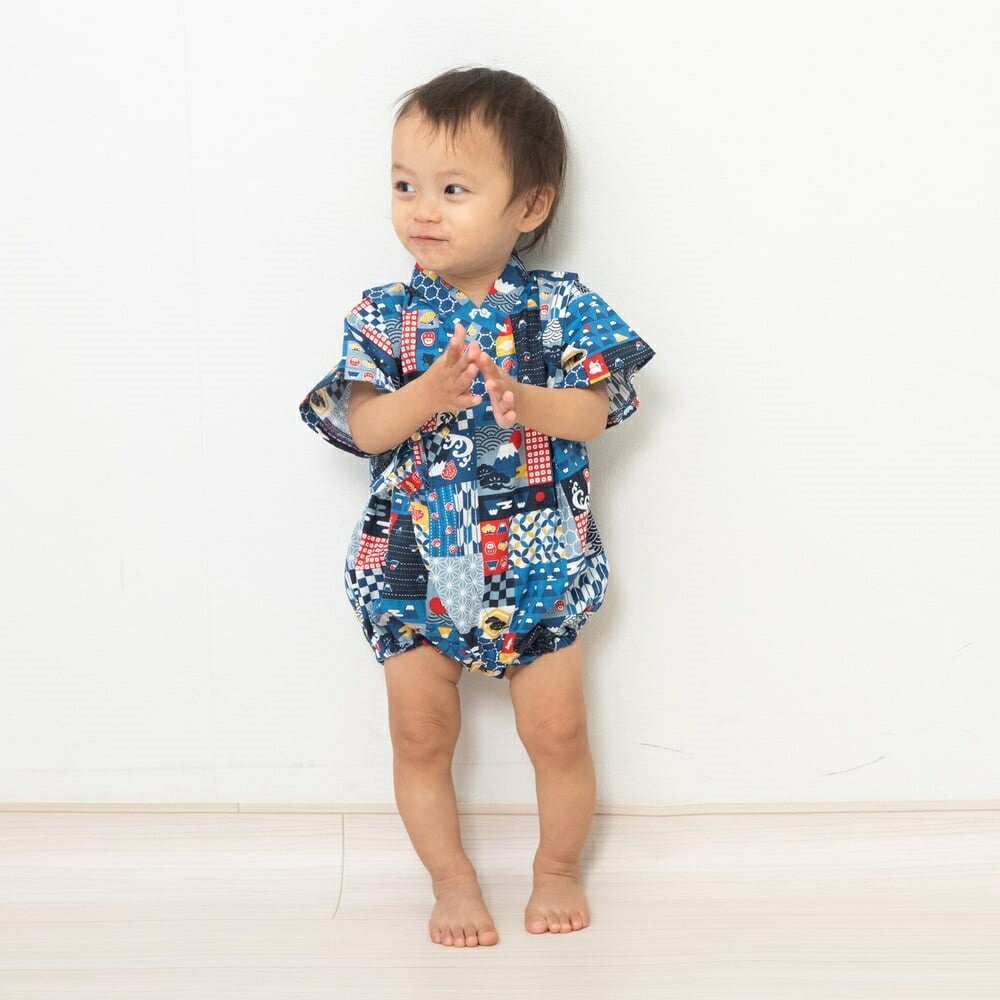 「7月10日限定先着で最大1000円OFFクーポン」日本製 富士山柄 甚平ロンパス ネイビー×70cm