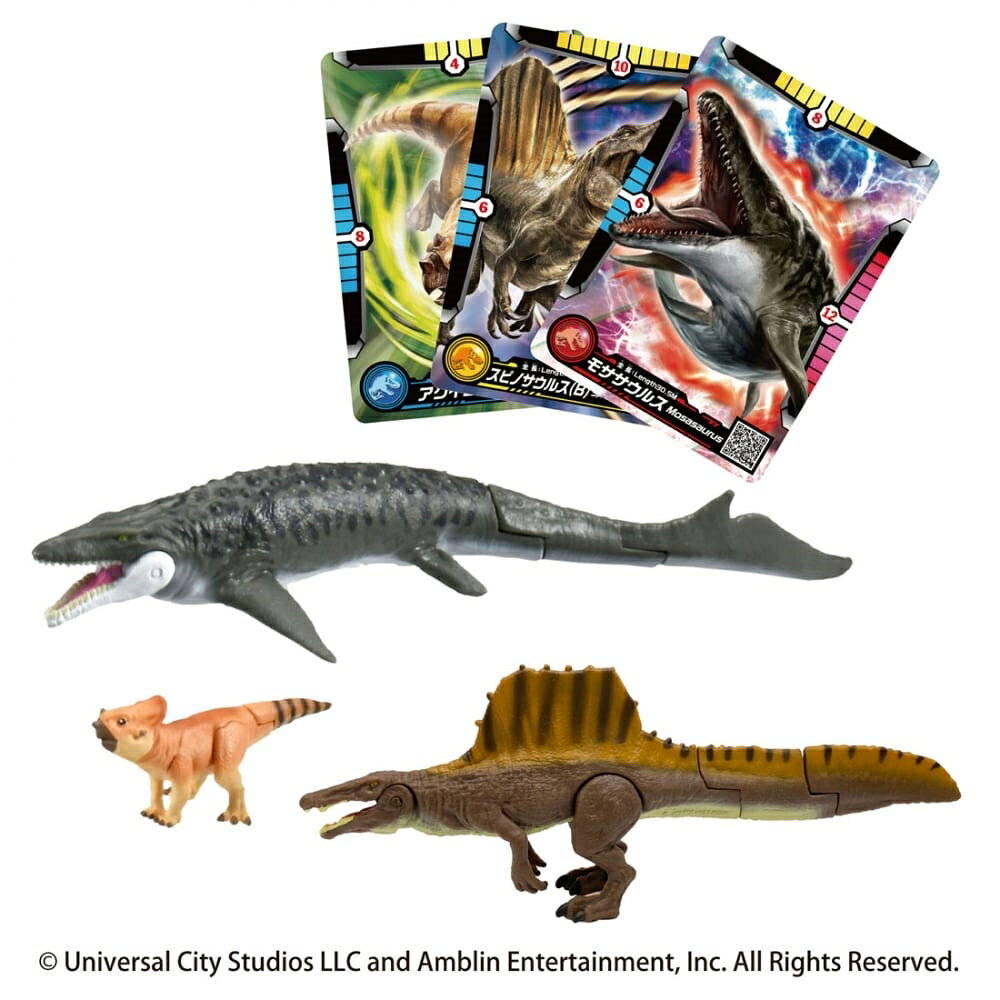 「アニア」は、動かして遊べる手のひらサイズの動物フィギュアシリーズです。「動物の特徴や種類を知りたい」という子どもの知的好奇心を刺激する立体動物図鑑として楽しめる商品です。動かして遊べる可動アクション、リアルな造形や塗装、遊びやすい手のひらサイズなどが魅力です。アニア　ジュラシック・ワールドシリーズに、映画『ジュラシック・ワールド　復活の大地』の劇中に登場する新恐竜のフィギュアが3体入ったセットになって登場！モササウルス、スピノサウルス、アクイロプスのセットです。モササウルスは、口、しっぽが動きます。スピノサウルスは、口、あし、しっぽが動きます。アクイロプスは、頭、しっぽが動きます。バトルして遊べるアニアバトルカード3枚付き。セット内容：モササウルス(1),スピノサウルス(1),アクイロプス(1),アニアバトルカード(3),こちらの商品は実店舗から入荷・発送しておりますため、パッケージ状態や、梱包状態が商品ごとに異なる場合がございます。一部商品に商品管理ラベルが添付されている場合がございます。※お支払い方法はご利用ガイドの「お支払い方法・お支払いについて」をご確認ください。※ご注文確定後の注文内容の変更、キャンセルはお受けしておりません。※対象年齢がある商品については目安となっております。※実際の商品と画像は若干異なる場合がございます。対象年齢 (歳～)：3.0 - 6.0梱包サイズ (cm)：1,1,1重量 (g)：300 GRAM著作権：(C) Universal City Studios LLC and Amblin Entertainment, InC. All Rights Reserved. (C) TOMYaniaaniajurassicworld#00003981