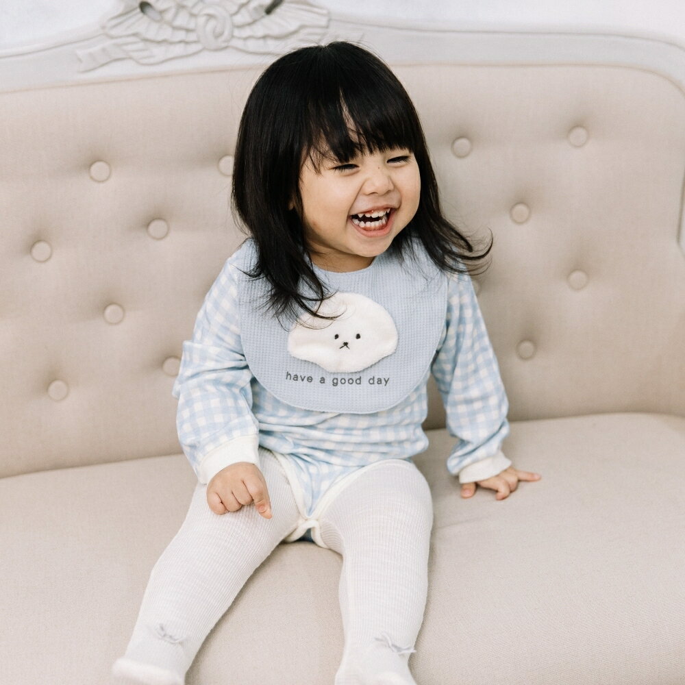 【ベビー×ペットコレクション】長袖ボディスーツ スタイ付き 格子柄 スムス イヌ ブルー×70cm