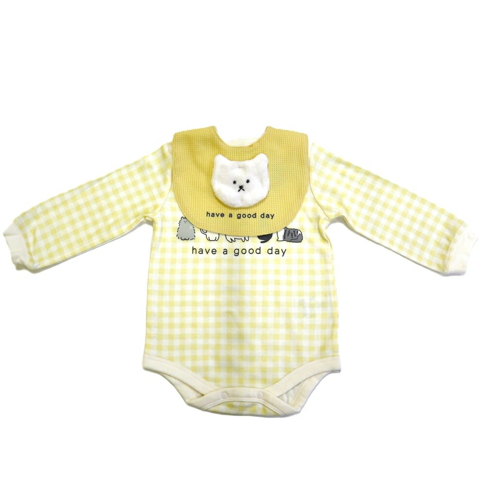 「11/25限定先着で最大1000円OFFクーポン」【ベビー×ペットコレクション】長袖ボディスーツ スタイ付き 格子柄 スムス ネコ イエロー×80cm 2