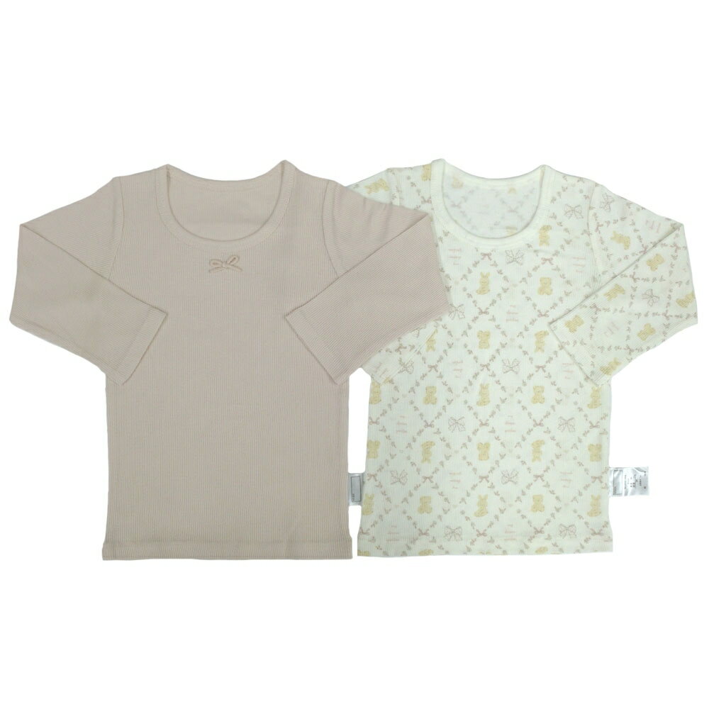 長袖シャツ肌着 2枚組 テレコ くまうさぎ ピンク×100cm