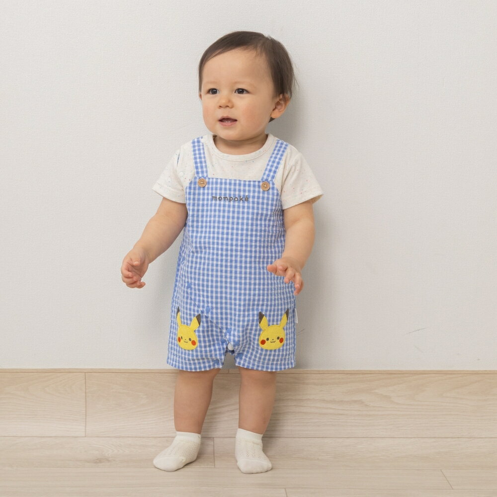 monpoke モンポケ 半袖ロンパース ギンガムチェック サロペット型 ブルー×80cm ベビーザらス限定 赤ちゃん 出産準備 出産祝い ベビー服 子供服