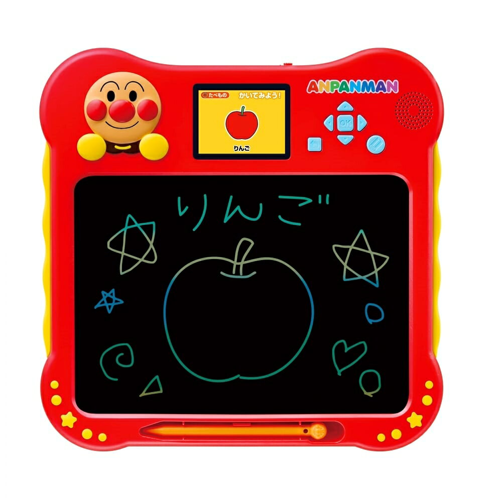 ● 見ながら描ける×書ける！大きなカラー液晶付きの新しいアンパンマンのお絵かき玩具です。 ● 液晶に表示されるイラスト、ひらがなや文字は9カテゴリー300枚以上！ ● アンパンマンとなかまたち30人のおしゃべりを楽しみながらイラストを描くことができます。 ● ひらがなは書き順がコマ送りアニメで表示されるので、書き順も学ぶことができます。 ● アンパンマンとなかまたちのおしゃべり300以上！遊びを盛り上げます。 ● 盤面にはカラフルな線でかくことができ、消しゴムボタンを長押しするとかいたものがパッと消えます。 ● 一部のりものやどうぶつは鳴き声や効果音が流れるので、目で見るだけでなく耳で聞きながらお絵かきが楽しめます。本体×1、ペン×1、取扱説明書×1ABS、PMMA、POMこちらの商品は実店舗から入荷・発送しておりますため、パッケージ状態や、梱包状態が商品ごとに異なる場合がございます。一部商品に商品管理ラベルが添付されている場合がございます。※お支払い方法はご利用ガイドの「お支払い方法・お支払いについて」をご確認ください。※ご注文確定後の注文内容の変更、キャンセルはお受けしておりません。※対象年齢がある商品については目安となっております。※実際の商品と画像は若干異なる場合がございます。対象年齢 (歳～)：3.0 - 99.0梱包サイズ (cm)：27,27,3重量 (g)：674 GRAM著作権：（C）やなせたかし/フレーベル館・TMS・NTVpinocchio電池：電池別売