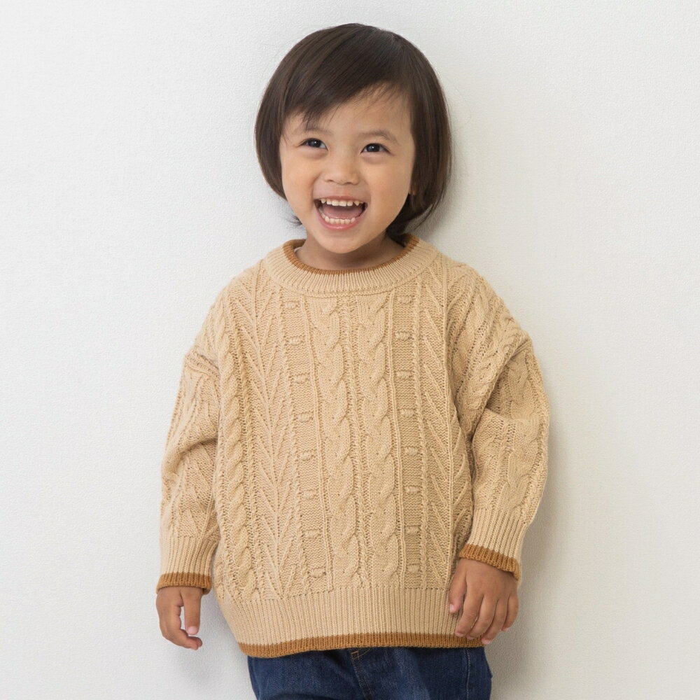 【ベビーザらス限定】ベビーザらス限定PBブランド　RAT-A-TATR（ラッタッタ）もっとお洋服選びを楽しくしたい！”わくわく”を詰め込んだ素材とデザインで家族の毎日を応援するデイリーウエアです♪おしゃれなケーブル編みの柄が大人っぽくオシャレに決まる、やわらかいニットセーターです♪シャツやアウターとの重ね着にも相性抜群な秋冬コーディネートのマストアイテム☆裾と袖口のカラー使いもおしゃれ☆お洗濯もできます。男女問わずコーディネートできるカラーリングもポイント！ホワイト・ベージュの2色展開です！＜サイズ＞　 80cm：身丈36cm　身幅39.5cm　袖丈20cm 90cm：身丈38cm　身幅40.5cm　袖丈22cm 95cm：身丈40cm　身幅41.5cm　袖丈24cm100cm：身丈42cm　身幅42.5cm　袖丈26cm＜素材＞7Gアクリル＜組成＞　　アクリル100％こちらの商品は実店舗から入荷・発送しておりますため、パッケージ状態や、梱包状態が商品ごとに異なる場合がございます。一部商品に商品管理ラベルが添付されている場合がございます。※お支払い方法はご利用ガイドの「お支払い方法・お支払いについて」をご確認ください。※ご注文確定後の注文内容の変更、キャンセルはお受けしておりません。※対象年齢がある商品については目安となっております。※実際の商品と画像は若干異なる場合がございます。梱包サイズ (cm)：1,1,1重量 (g)：10 GRAMlattatter,#00004121
