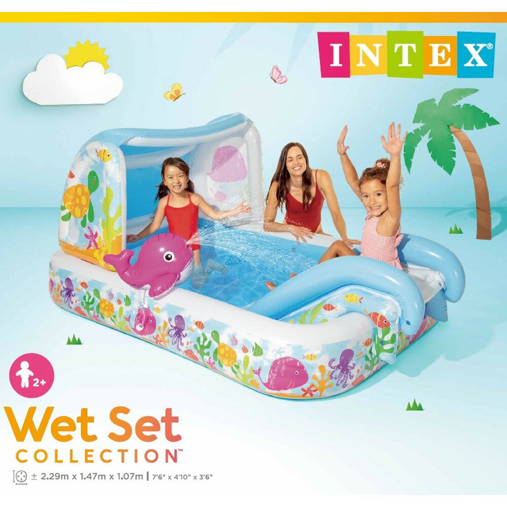 INTEX すべり台付きプール 海のなかまシャワー＆スライダーつきプール 229×147×107cm キッズ 子供 水遊び 家庭用ビニールプール 大型 滑り台付きプール 浅い 長方形 四角 サンシェード シャワー ボールプール トイザらス限定【送料無料】