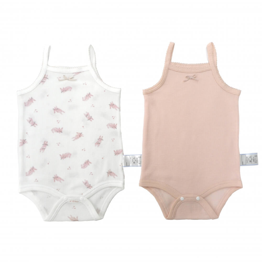 キャミソールロンパース肌着 2枚組 ワッフル チェリーうさぎ(ピンク×70cm)のサムネイル