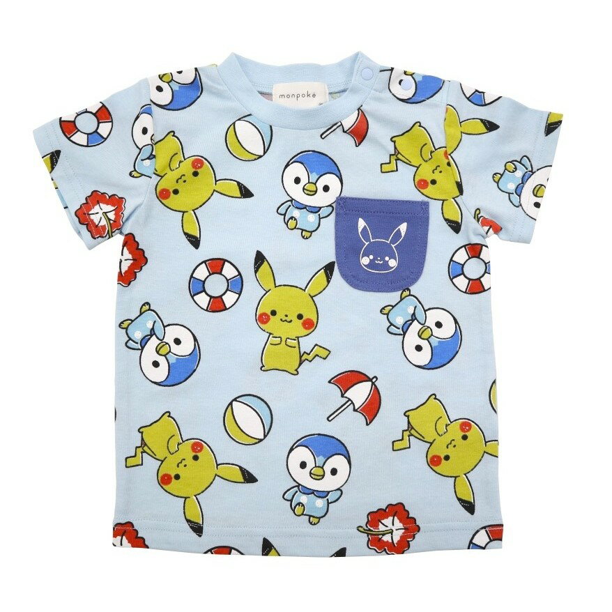 monpoke モンポケ 半袖Tシャツ 総柄(ライトブルー×100cm)のサムネイル