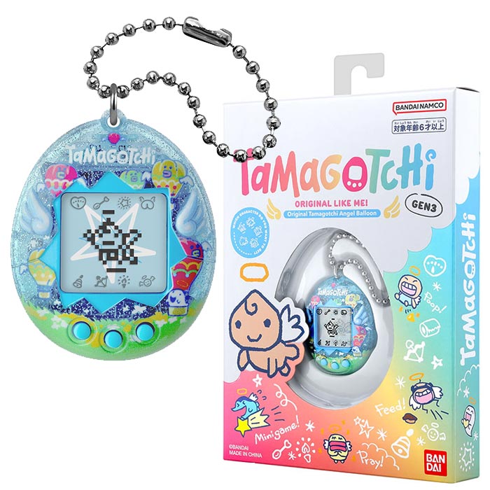 初代「たまごっち」と「新種発見!! たまごっち」の欧米版、 『Original Tamagotchi』シリーズより、 「Original Tamagotchi Angel Balloon」が発売！ 自分らしい一番のデザインを見つけよう！ 空に浮かぶ気球をイメージしたデザインがポップなOriginal Tamagotchiです。 くりてんたちが育成できるGEN3プログラムを搭載しています。 ごはんをあげたり、うんちを流したり、 病気を治したり…というお世話はもちろん、 しつけをしたり、ミニゲームで遊んだり！ 育て方しだいでいろいろなたまごっちに成長します。 ボールチェーンで服やバッグなどに取りつけて、 ファッションアイテムとして持ち歩くことができます。 ※本商品のプログラムには一部英語の表記が含まれます。 ※バンダイでは液晶画面用の保護シートは販売しておりません。 ※画像はイメージです。 【セット内容】 ・Original Tamagotchi×1 ・取扱説明書×1 ※セット内容以外は別売りです。 ◆パッケージサイズ：約W140×H213×D25mm ◆パッケージ重量：約86.1g ◆対象年齢：6歳以上 ◆電池：CR2032×1（付属） 　※セットされている電池はテスト用です。 ◆生産国：中国 ◆メーカー：バンダイ ◆コピーライト：&copy;BANDAI ※画像と実際の商品は多少異なる場合があります。 ※ご利用の画面の設定・環境により色が違うように見える場合があります。 予めご了承ください。 ※ご注文の前に必ずお読み下さい※ こちらの商品は、初期不良を含むすべてのサポートがメーカーサポートとなります。 予めご承知の上、ご購入ください。 不具合等ございましたら、直接メーカーへお問い合わせください。 ●メール便（ゆうパケット）発送には対応数量の制限がございます。 　こちらの商品のメール便対応数量は【1点まで】です。 ※対象数量を超過するご注文の場合や 　異なる商品との組み合わせのご注文の場合は、 　通常宅配便（通常宅配便送料）に変更、訂正させていただきます。 ※なお、メール便対応数量を超過している場合は、 　ご注文後、当店より訂正後の送料を記載したメールをお送りいたします。 ●対応数量を超過する場合や他のお品物とご一緒にご注文頂く場合、 　ご注文時の配送方法は通常宅配便のご選択をお願いいたします。 ●ポスト投函でのお届けのため、代金引換のご選択や日時指定は出来ません。 ●不着や破損事故など発送中の商品保障がございません。 　上記内容を予めご了承の上、ご注文いただけますようお願い申し上げます。 【トイトイファクトリー】【ToyToiFactory】