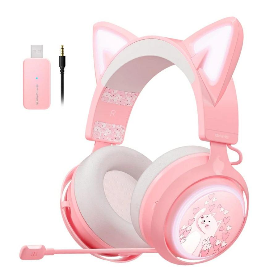 ゲーミングヘッドセット 猫耳ヘッドホン ワイヤレスヘッドセット オーバーイヤーヘッドホン マイク付き 50mm ドライバー LEDランプ 重低音強化 GS510...