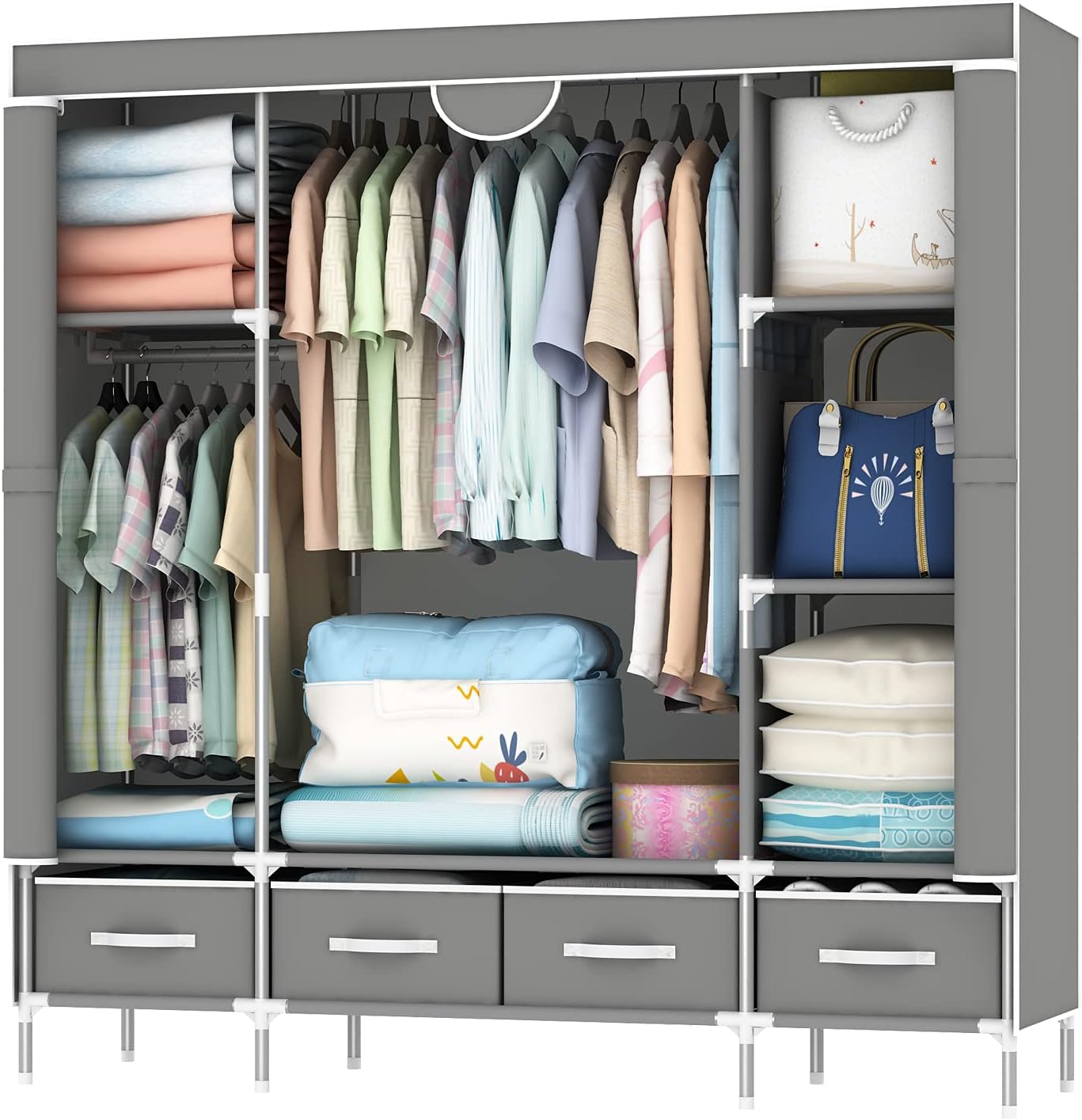 ワードローブカバー付き ワードローブクローゼット 洋服ダンス メタルラック ハンガーラック大容量 シ..