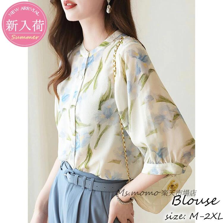 ブラウス レディース 五分袖 ブラウス 夏 オフィスブラウス 花プリント パフスリーブ オシャレブラウス シフォントップス 韓国風 大人 通勤OL ゆったりシャツインナー 40代 30代 50代